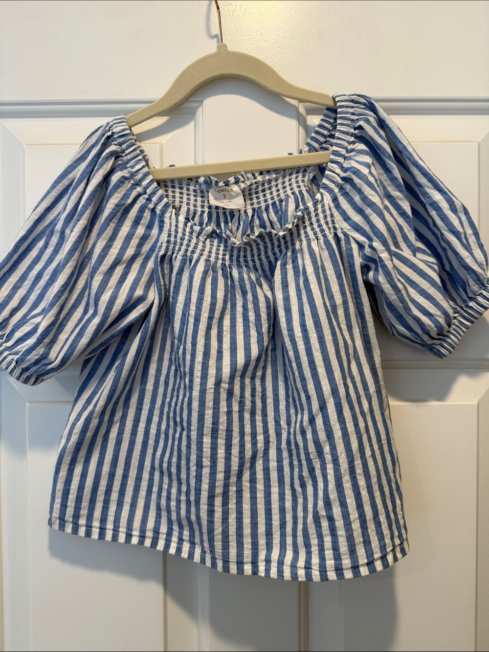 Crewcuts Girls Blue and White Striped Puff Sleeve Peasant Top